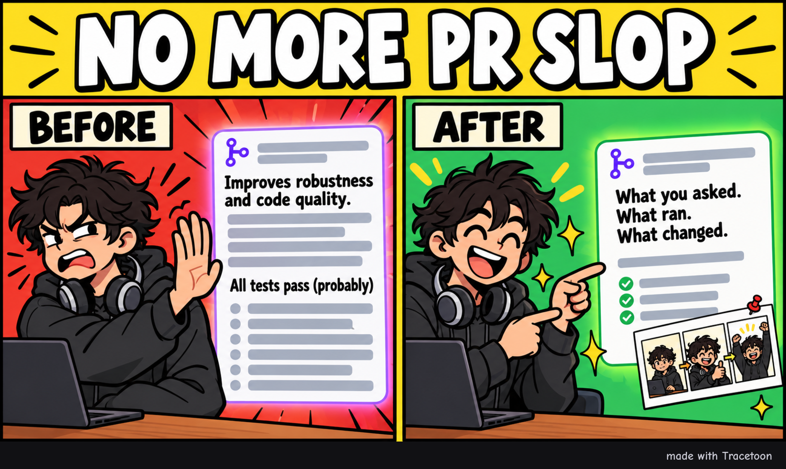 Before: a developer recoils from a pull request reading 'Improves robustness and code quality. All tests pass (probably)'. After: the same developer grins and points at a short pull request reading 'What you asked. What ran. What changed.' with a comic pinned to it.